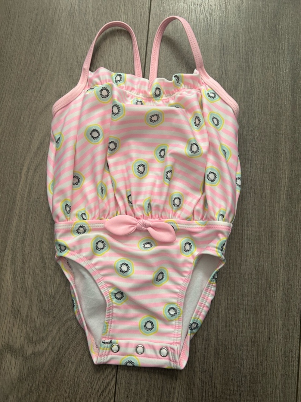 Cat & Jack infant one-piece bathing suit, pink & white striped kiwi print